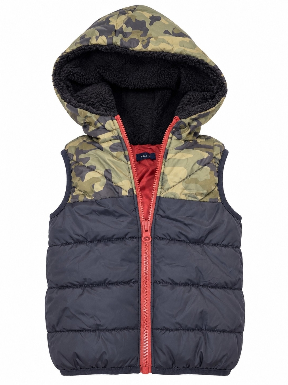 Andy & Evan Camo Hooded Puffer Vest with Navy Body and Red Zipper